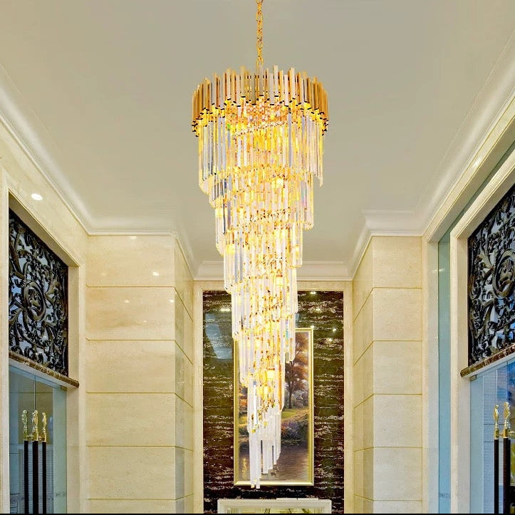 Crystal Chandelier CC110/600x1800GD, 28xE14, Diameter 60cm, Height 180cm, Shiny Gold, Adjustable Height, Elegant Design