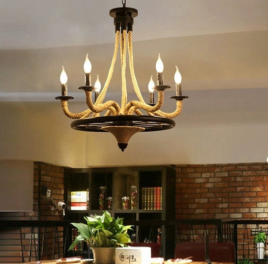 Rope Chandelier, 2*E27, Brown, Metal and Rope