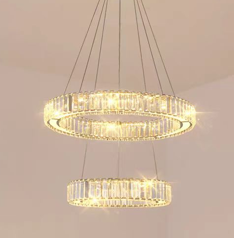 LED Chandelier LLC130/2CH, Crystal and Metal, 62W, 2 Circles, Dimmable, Adjustable Height, Cold/Warm/Neutral Light, Luxurious Lighting