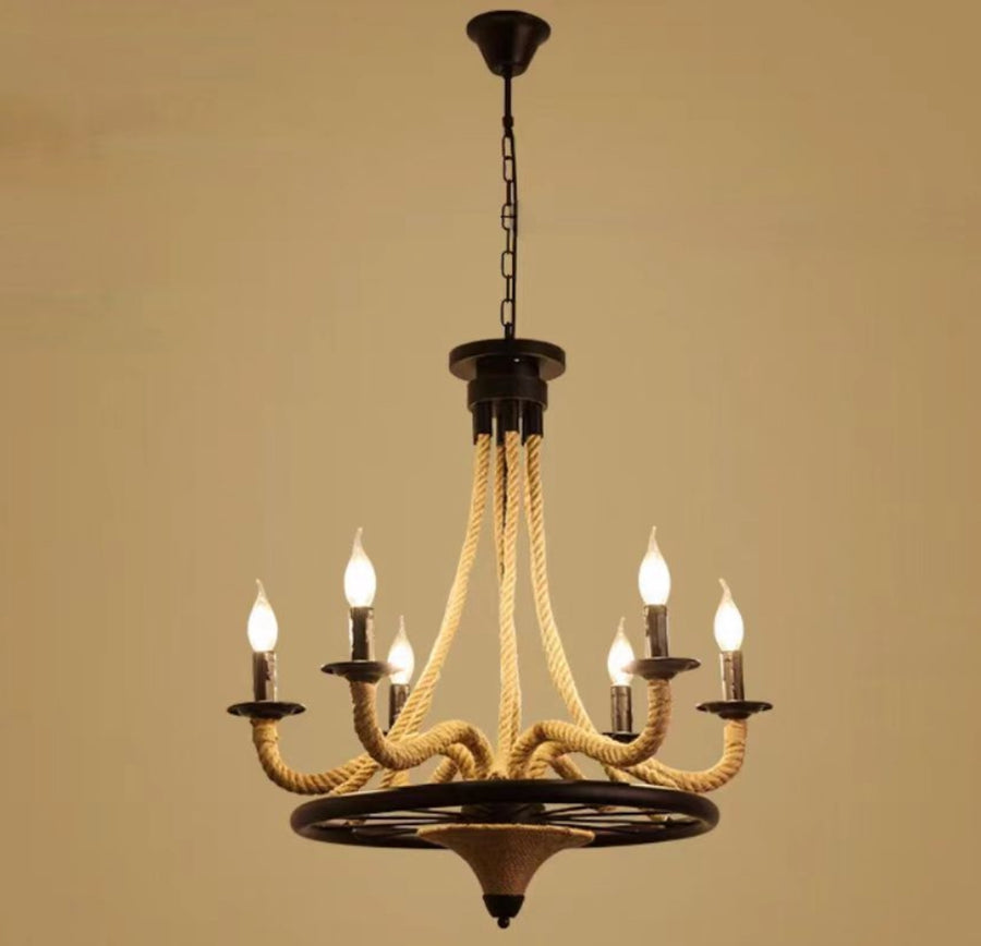 Rope Chandelier, 2*E27, Brown, Metal and Rope