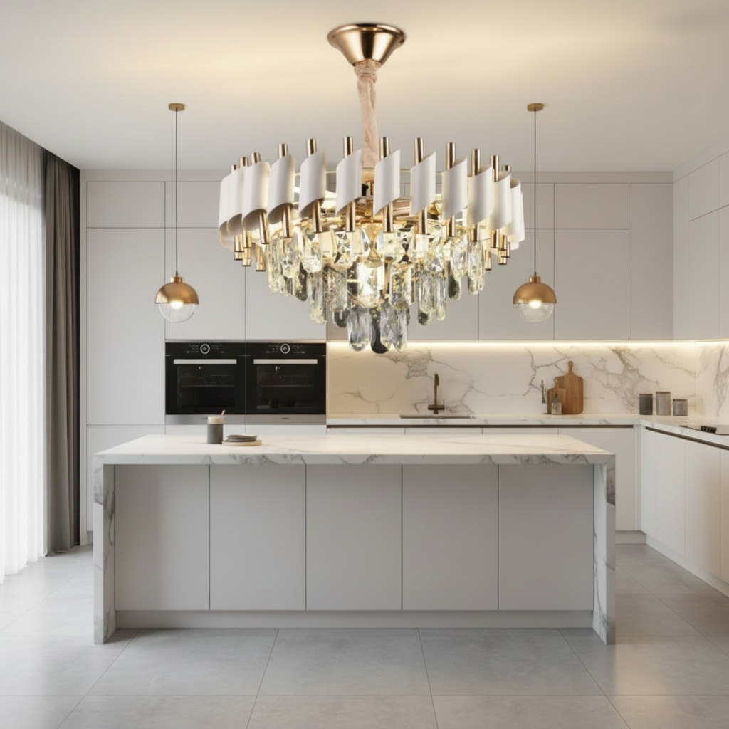 Candelabru Cristal VERSAILLES Nobile 5xE14, Diametru 40cm, Auriu Lucios si Alb Candelabre Cristal Default Title Alessandro Design