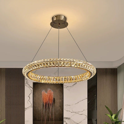 LED Chandelier with Remote Control, LLC132/500GD, Crystal and Metal, 26W, 1 Circle, Dimmable, Adjustable Height, Cold/Warm/Neutral Light, Luxurious Lighting