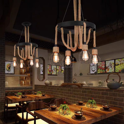 Wheel Chandelier, 3*E27, Brown, Metal and Rope