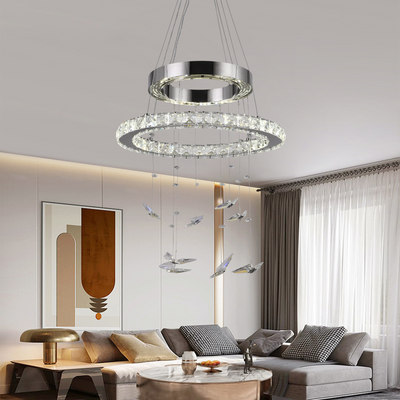 Suspended LED chandelier with remote control and crystal 37W, 2 Circles, Cold/Warm/Neutral light, Dimmable, Shiny Chrome, Adjustable Height