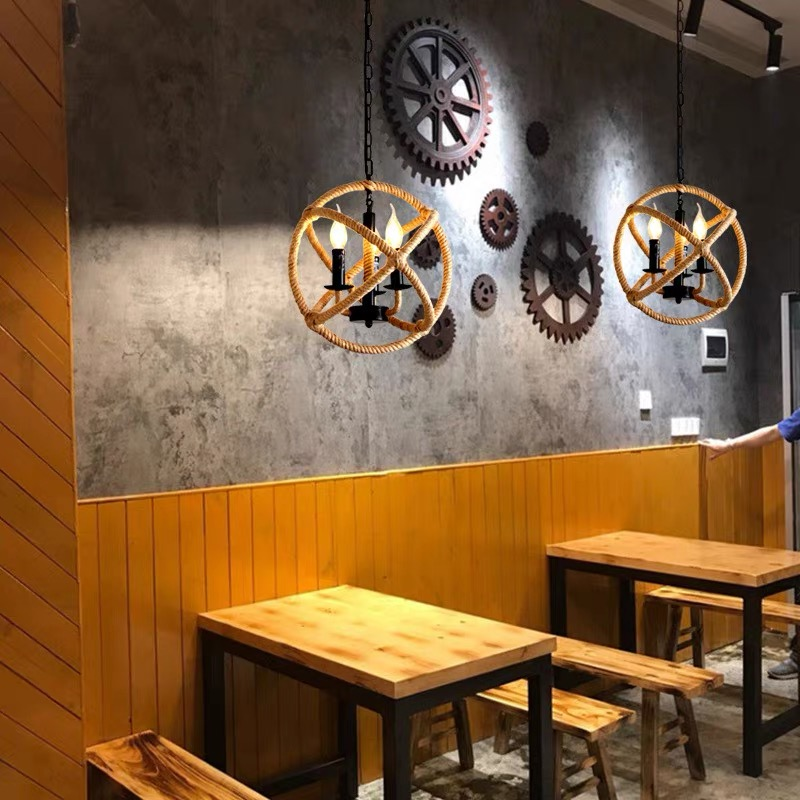 Vintage Chandelier LV585/4BK, 4xE14, Rustic Barn, String and Metal, 30cm, Black