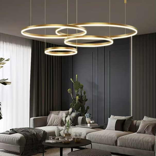 Suspended LED chandelier with remote control LT813/4GD 41W, 4 Circles, Cold/Warm/Neutral light, Dimmable, Black, Height Adjustable