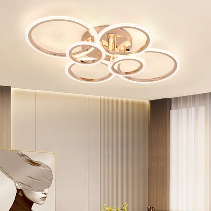 LED chandelier with remote control BETTY 82W, 6 Circles, Cold/Warm/Neutral light, Dimmable, Shiny Gold