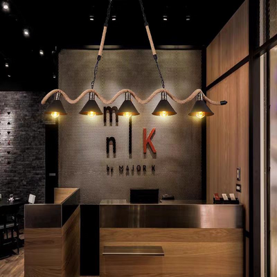 Rope Chandelier, 5*E27, Brown, Metal and Rope