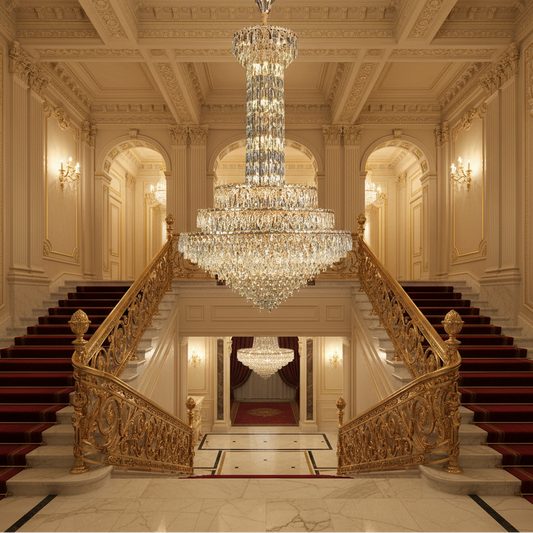 Candelabru Cristal GRAND 87xE14, D138 cm, Auriu, Inaltime Reglabila, Metal si Cristal
