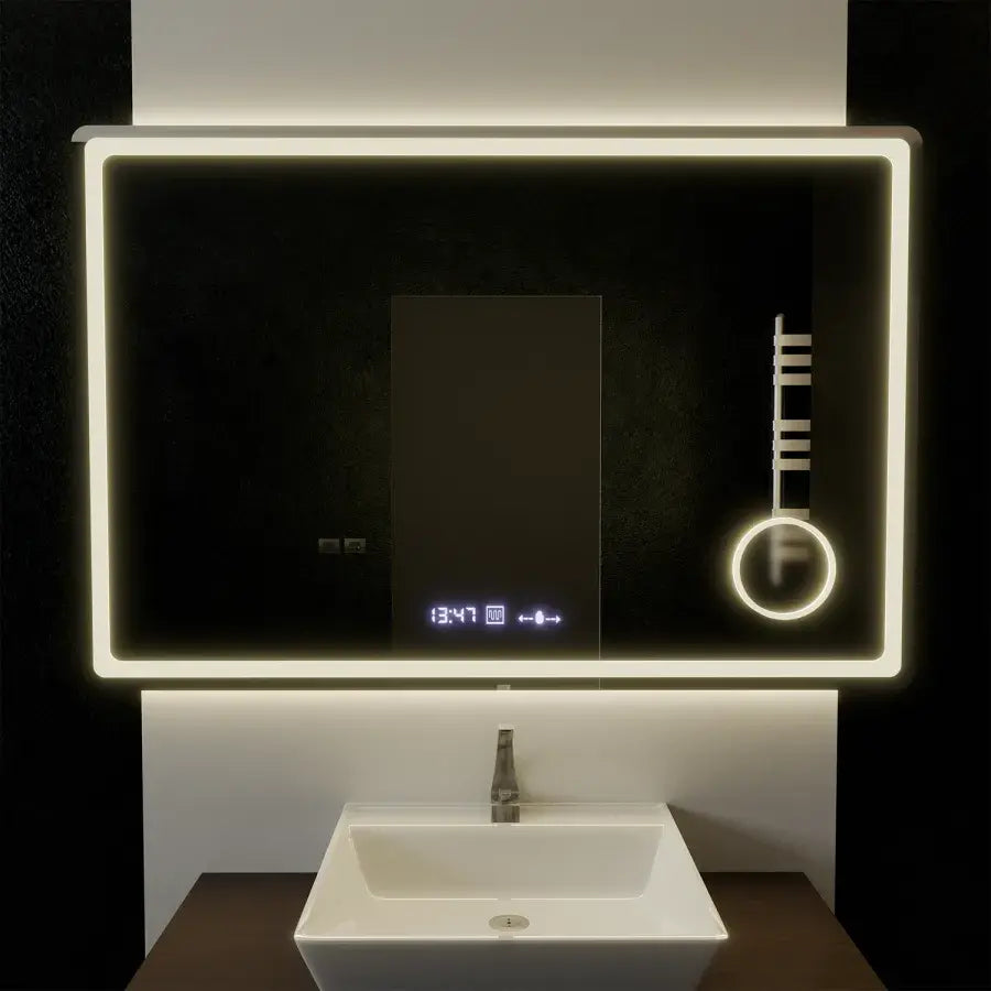 Mirror LED rectangular 120x80cm Souverain Motionglow Marcello Dismantic Clock System & Dimable Cosmetic Terometer