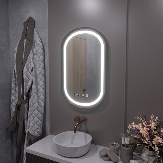 Helmut LED Touch Mirror De-fogging System, Clock and Temperature 50x90 cm Black Frame Brushed Marcello Funghi