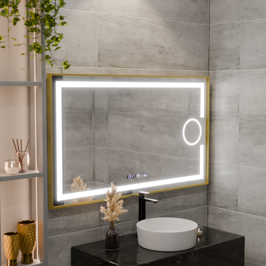 Rectangular LED Mirror, 120x80cm, Eclat MotionGlow Marcello, Defog System, Clock & Thermometer, Cosmetic Magnifier, Dimable, Brushed Gold Frame Marcello Mirrors Default Title Alessandro Design