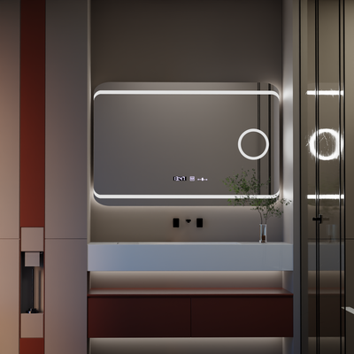 Rectangular LED mirror, 120x80cm, Definition MotionGlow Marcello, Demisting System, Clock & Thermometer, Cosmetic Magnifier, Dimable