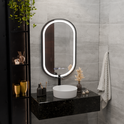 Helmut Touch LED Mirror with Defog, Clock and Temperature System 50x80 cm Brushed Black Frame