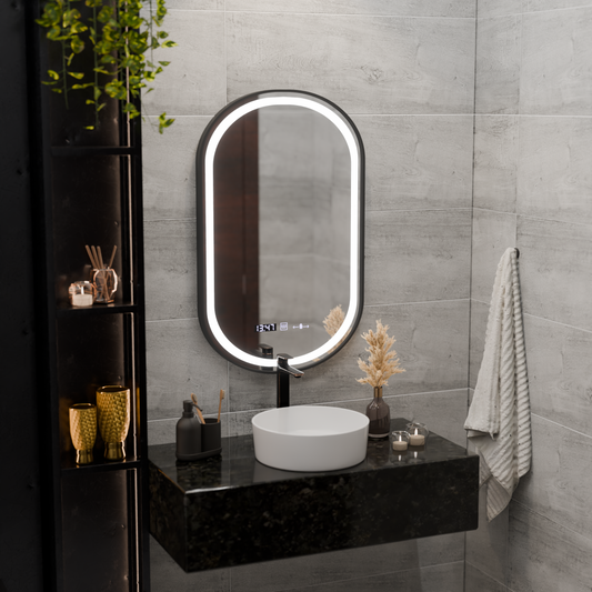 Helmut Touch LED Mirror with Defog, Clock and Temperature System 50x80 cm Brushed Black Frame