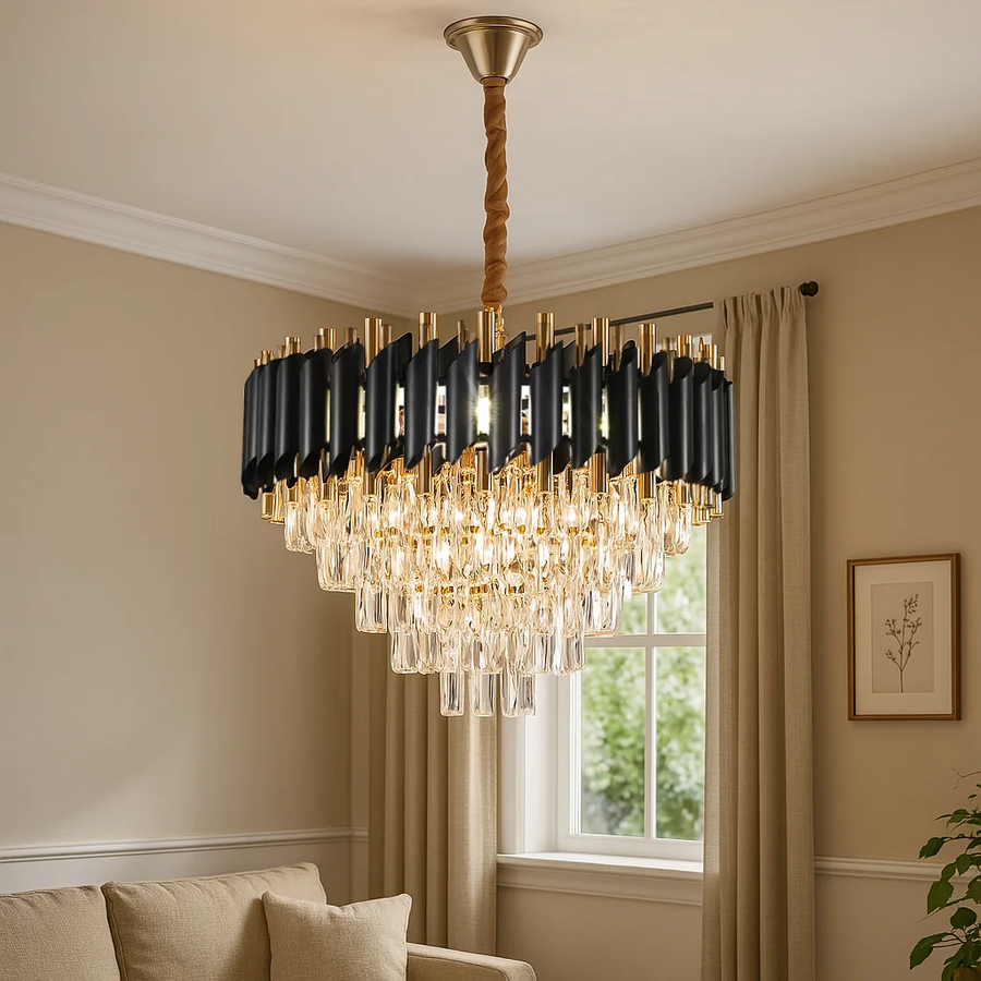 VERSAILLES Eleganza Crystal Chandelier 7x E14, Diameter 49cm, Shiny Gold and Black, Adjustable Height 