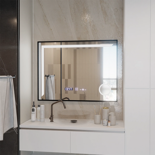 LED Mirror Francesca MotionGlow Sensor 80x60 cm Warm/Cold/Neutral Light Dimmable Frame Black Brushed Demisting System Thermometer Clock Marcello Funghi Collection