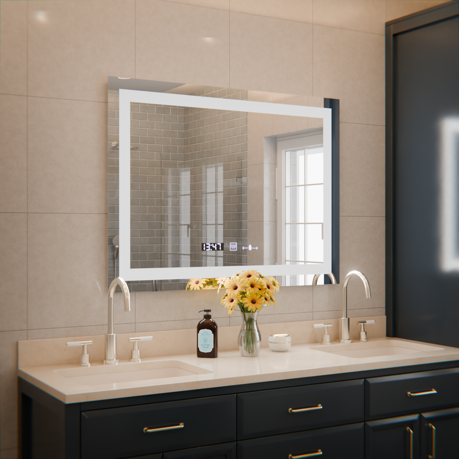 The rectangular LED Mirror 80x60cm Verite MotionGlow Marcellow Dimable Clock Deframenting System