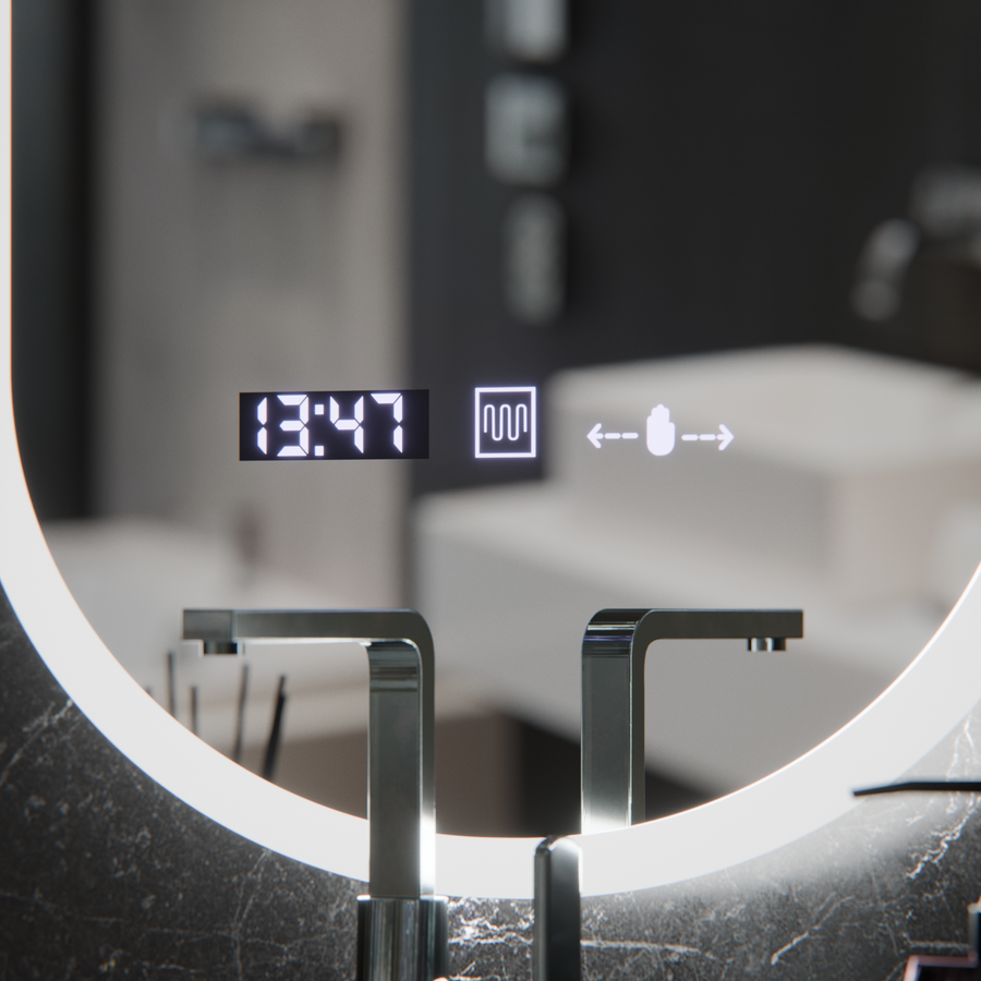 Oval LED mirror, 50x80cm, Lucia Sensor Marcello, Demister System, Clock & Thermometer, Dimmable