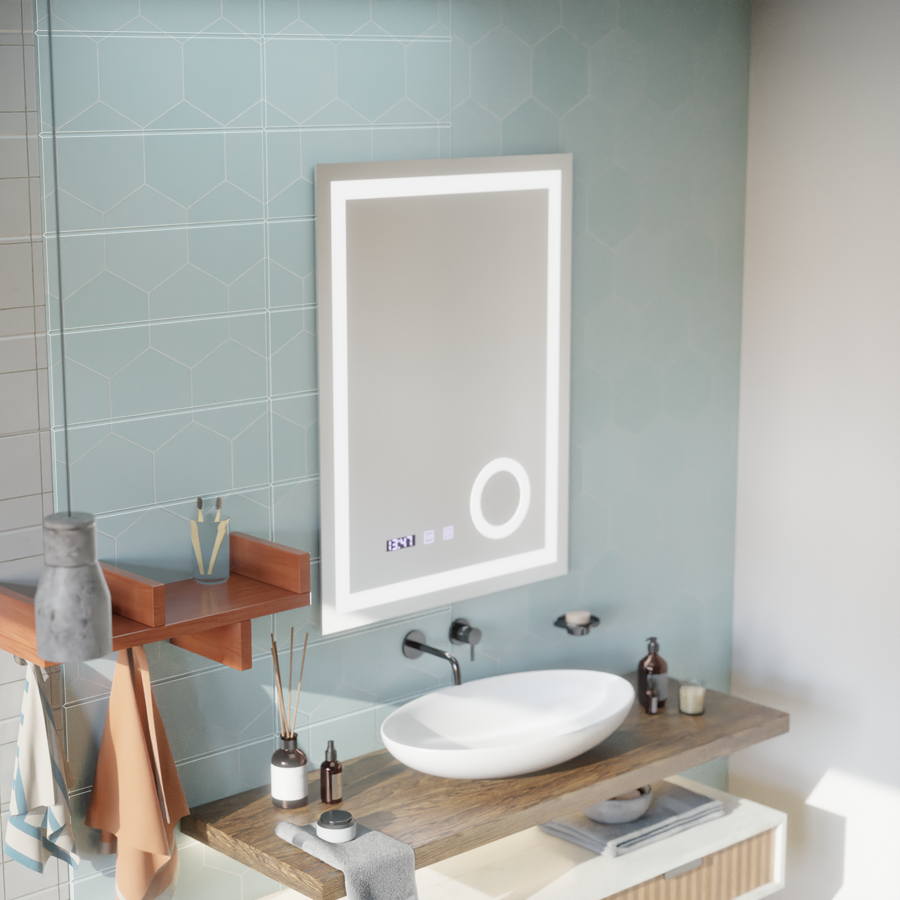 Manfred Touch LED Mirror Defog System, Clock and Temperature 60x80 cm Cosmetic Magnifier