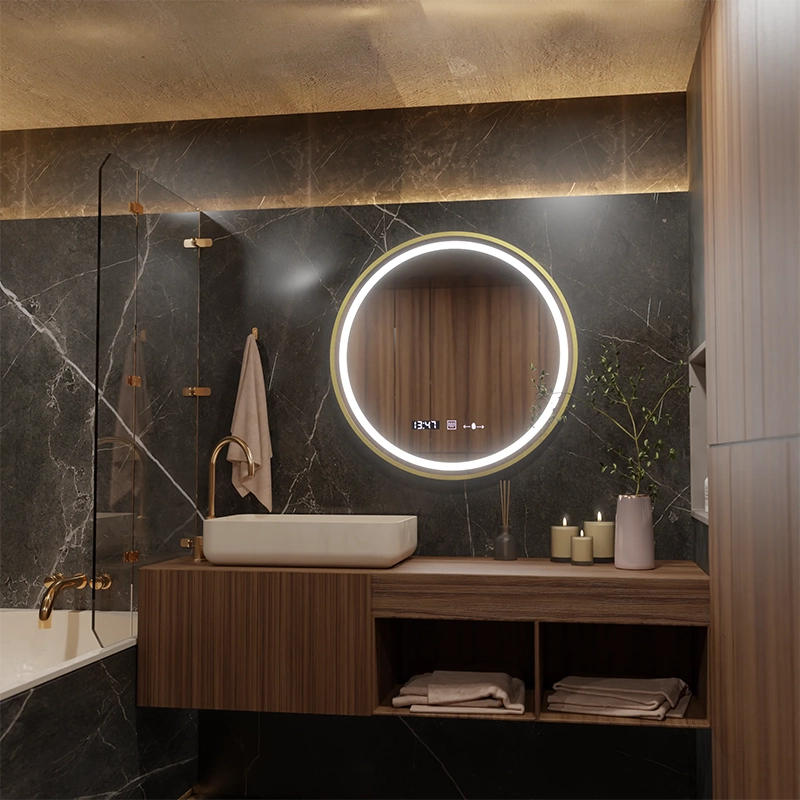 LED Round Mirror, 60cm, Celeste Royale Gold MotionGlow Marcello, Demister System, Clock & Thermometer, Dimmable