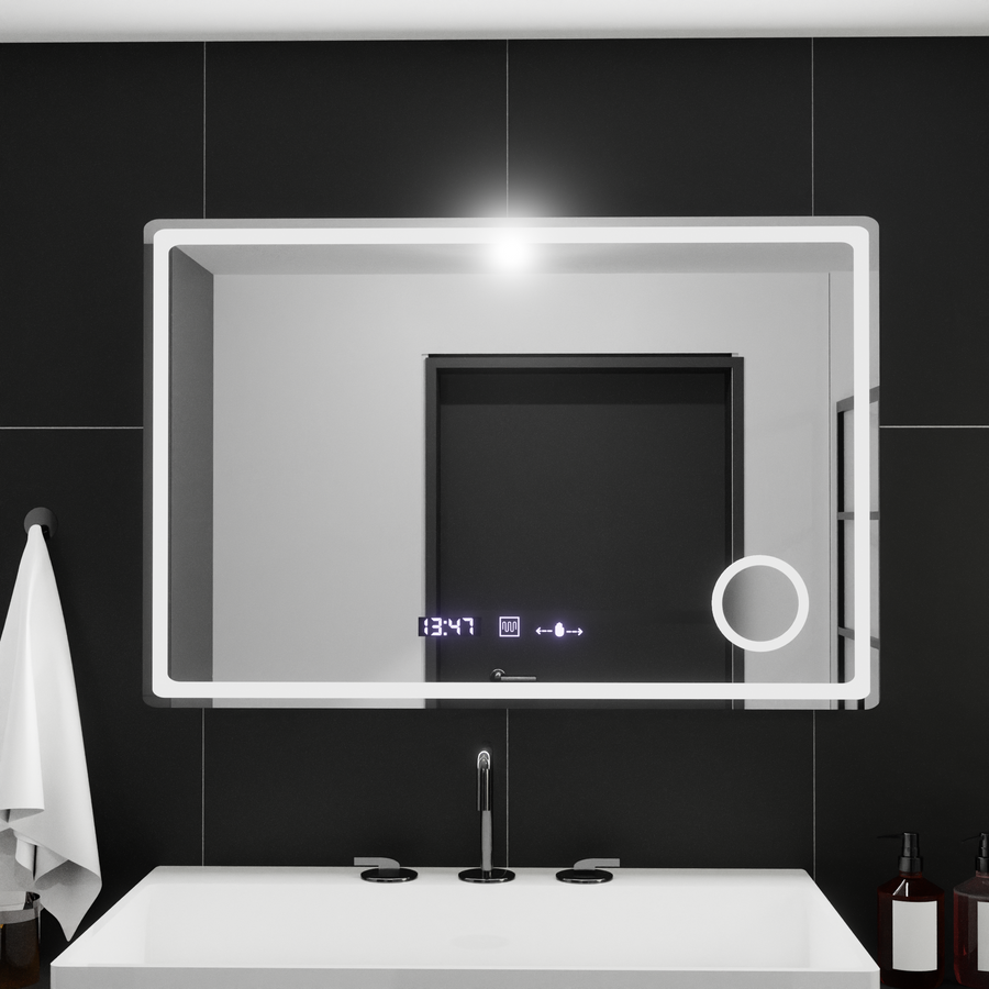 Mirror LED rectangular 90x60cm Bellezza Riflesso Puro Motionglow Marcello Dismantic Clock Defrosting System