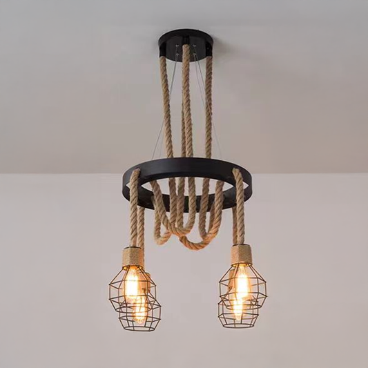 Wheel Chandelier, 3*E27, Brown, Metal and Rope