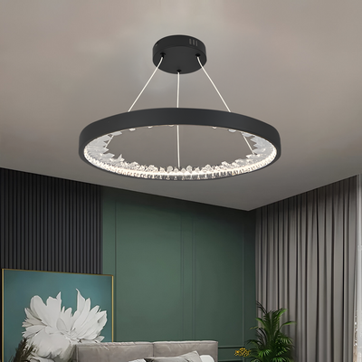Suspended LED chandelier with remote control, K9 crystals, 28W, 1 Circle, Cold/Warm/Neutral light, Dimmable, Black, Height Adjustable