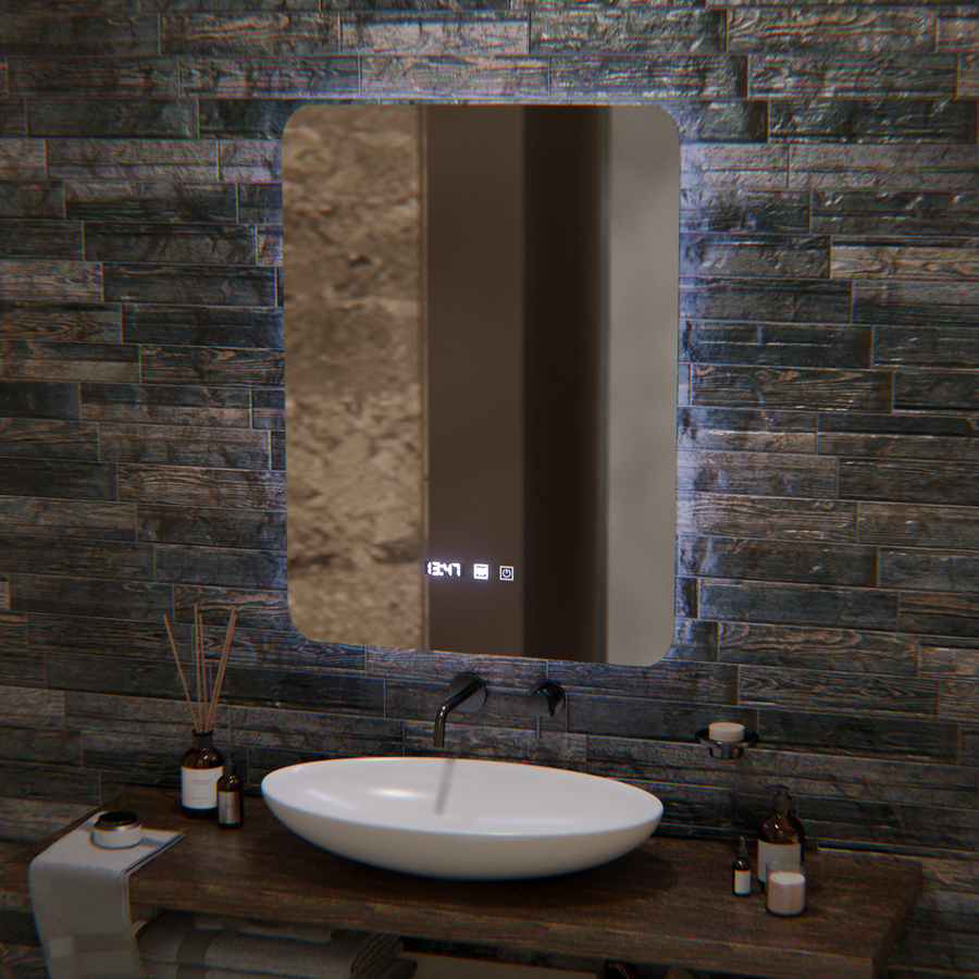 ARTAR Touch Rectangular LED Mirror, 60X80cm, Demist System, Dimmable, Clock and Temperature, Warm Neutral Cold Light 3000K/4000K/6000K