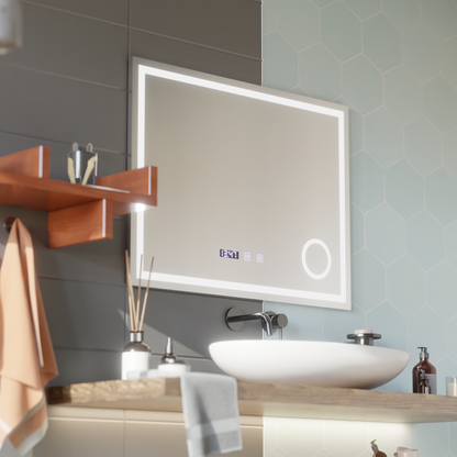 LED Touch Mirror Gunter Defog System, Clock and Temperature 80x60 cm Cosmetic Magnifier