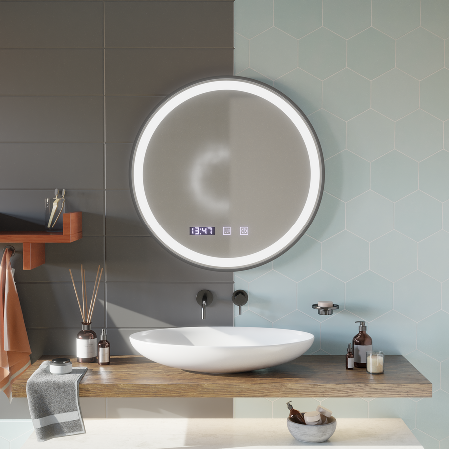 Otto Touch LED Mirror with Defog, Clock and Temperature System 80 cm Brushed Black Frame