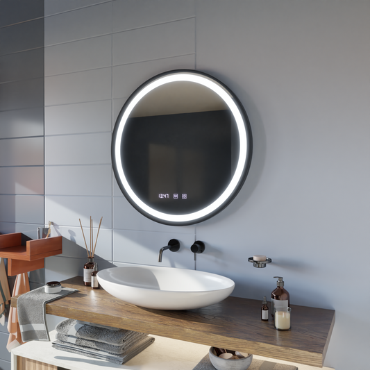 Hans Touch LED Mirror with Defog, Clock and Temperature System 60 cm Brushed Black Frame