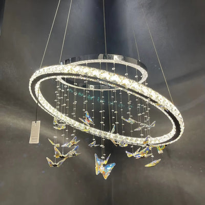 Suspended LED chandelier with remote control and crystal 50W, 2 Circles, Cold/Warm/Neutral light, Dimmable, Shiny Chrome, Adjustable Height