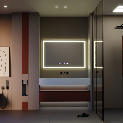 Rectangular LED Mirror 120x80cm Vérité MotionGlow Marcello, Defog System, Thermometer and Clock, Dimmable 
