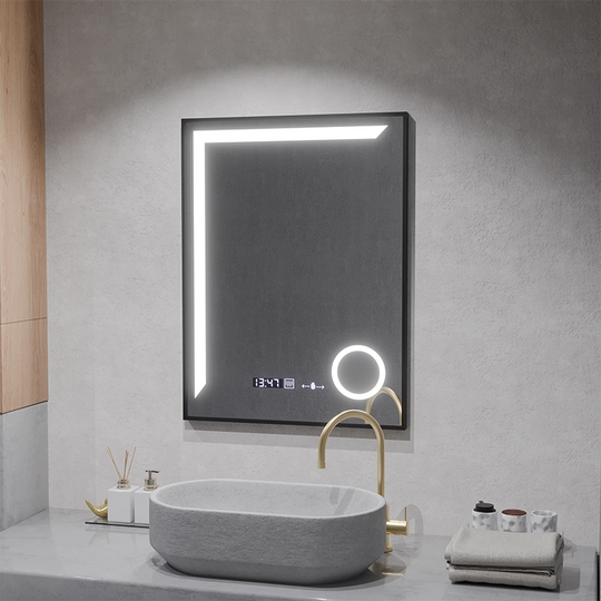LED mirror Sensor MotionGlow Francesca 60x80 cm Warm/Cold/Neutral Light Dimmable Black Frame Brushed Demisting System Thermometer Clock Marcello Funghi Collection
