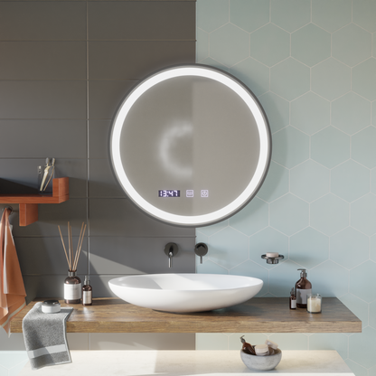 Ludwig Touch LED Mirror with Defog, Clock and Temperature System 70 cm Brushed Black Frame