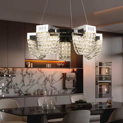 LED Crystal Chandelier 30W, CC370/500CH, Diameter 49cm, Shiny Chrome, Warm Neutral Cold Light 3000K/4000K/6000K Adjustable Height, Metal and Crystal