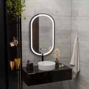 LED Mirror Helmut Sensor De-fogging System, Clock and Temperature 50x90 cm Black Frame Brushed Marcello Funghi