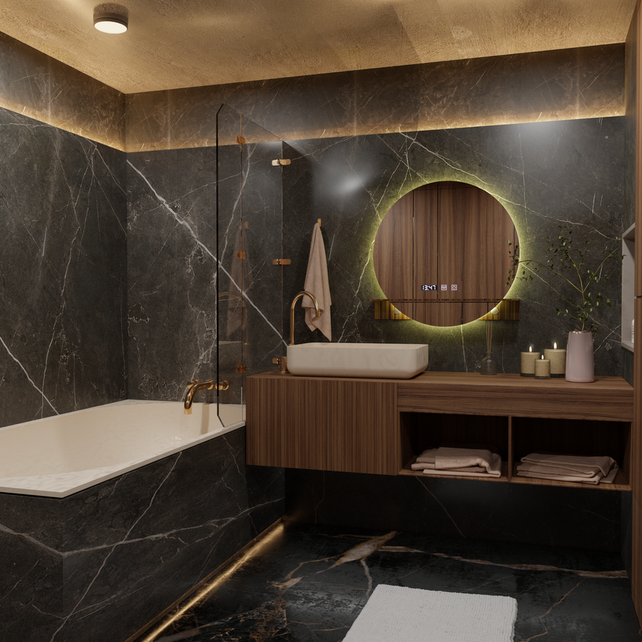 Alfred Touch LED Mirror with Defog System, Clock and Temperature 60x60 cm with Integrated Stand