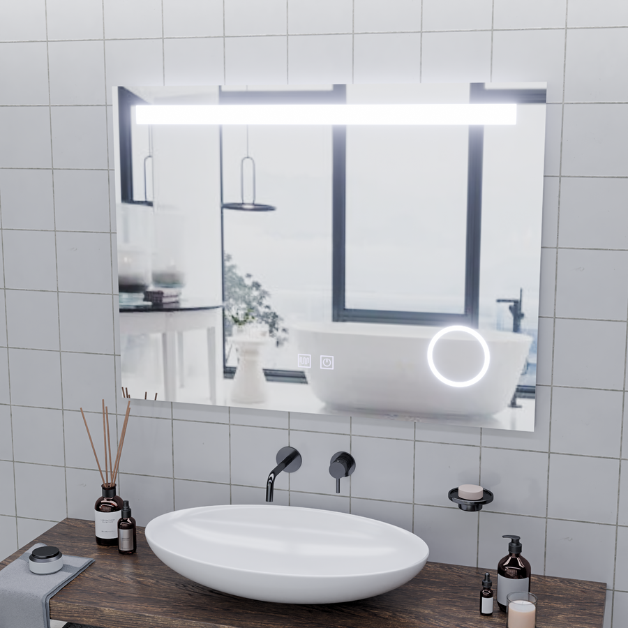Rectangular LED Mirror, 80x60cm, Piano Touch, Demist System, Dimmable, Cold Light 6000K