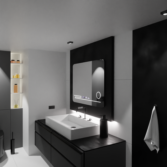 The rectangular LED mirror 80x60cm Fortaleza MotionGlow Marcello Defrosting System Thermometer and Cosmetic Wolf Clock