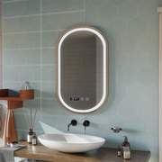 Konrad LED Touch Mirror Demist System, Clock and Temperature 50x80 cm Brushed Gold Frame, Warm Neutral Cold Light 3000K/4000K/6000K