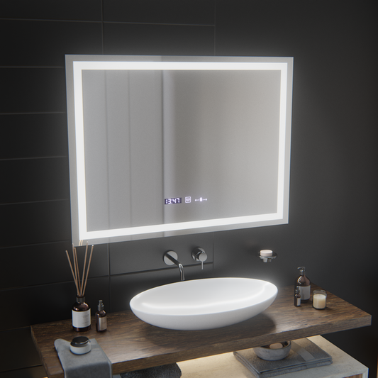 Rectangular LED mirror, 100x75cm, Verite MotionGlow Marcello, Demister System, Clock & Thermometer, Dimmable