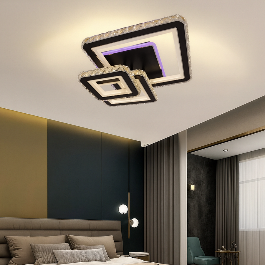 LED chandelier with remote control and crystal LEILA 154W, 3 Squares, Cold/Warm/Neutral light, Dimmable, Glossy Black Chrome