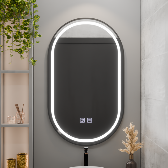 Oval LED Mirror 60x100cm VETRO Touch Dimable Demister System, Black Frame Korman Mirrors E Default Title Alessandro Design
