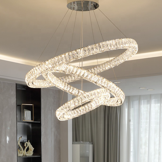 Suspended LED chandelier with remote control and crystal CAYDEN 200W, 3 Circles, Cold/Warm/Neutral light, Dimmable, Shiny Chrome, Adjustable Height