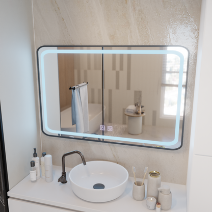 Rectangular LED Mirror 100x65cm – Edge LUMINOUS Touch Defog System, Black Frame