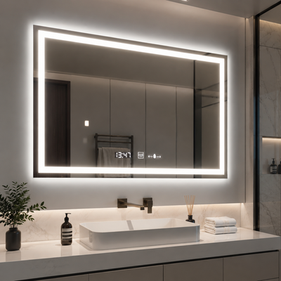 Rectangular LED mirror 120x80cm Vérité MotionGlow Marcello, Demister System, Clock & Thermometer, Dimmable