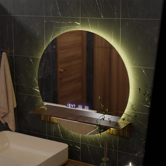 Alfred Touch LED Mirror with Defog System, Clock and Temperature 60x60 cm with Integrated Stand