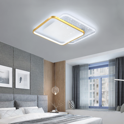 LED chandelier with gildra remote control, 110W, 2 squares, cold/hot/neutral light, unkind, golden